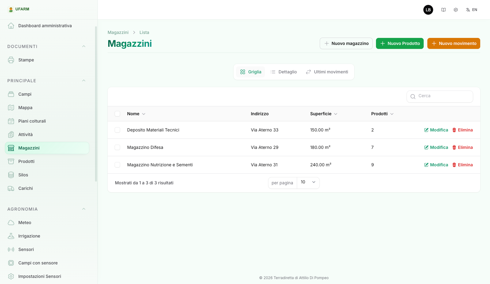 Panoramica magazzino UFARM con giacenze prodotti fitosanitari